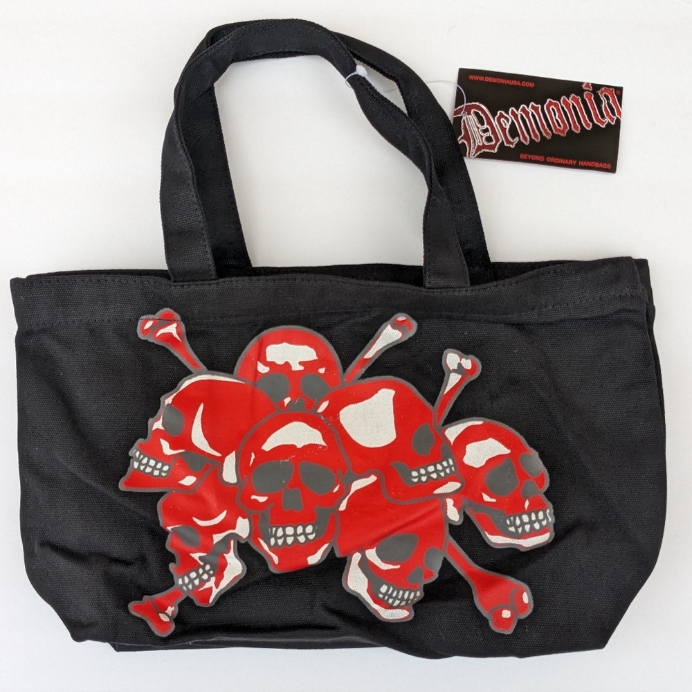 Vintage Demonia Black Canvas Tote Handbag Red Skulls Catacombs 90s Goth Y2K